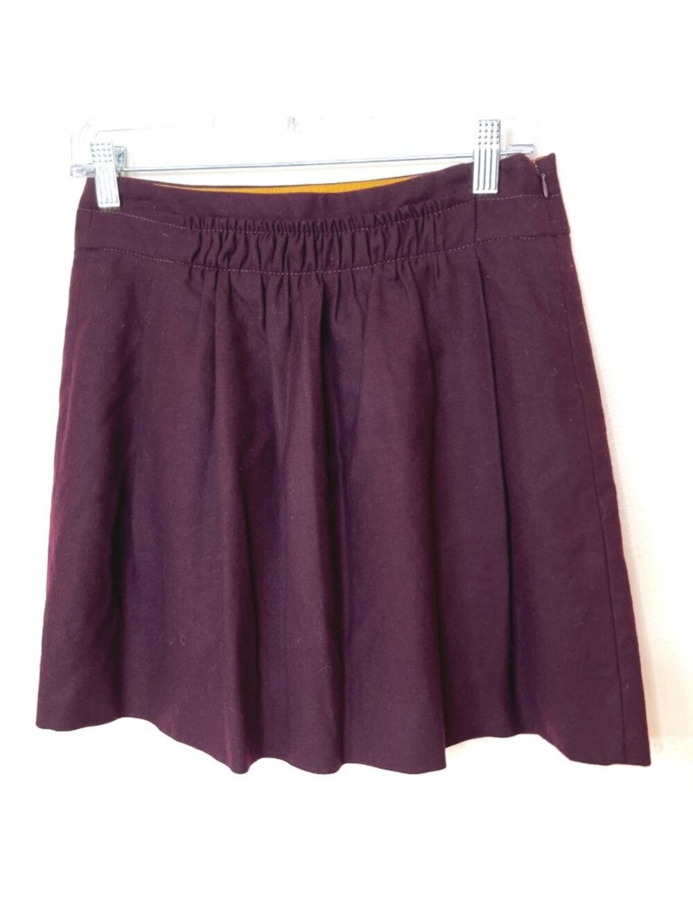 J. Crew Eggplant Wool Blend Flared Mini Skirt shirred Waistband SZ 0